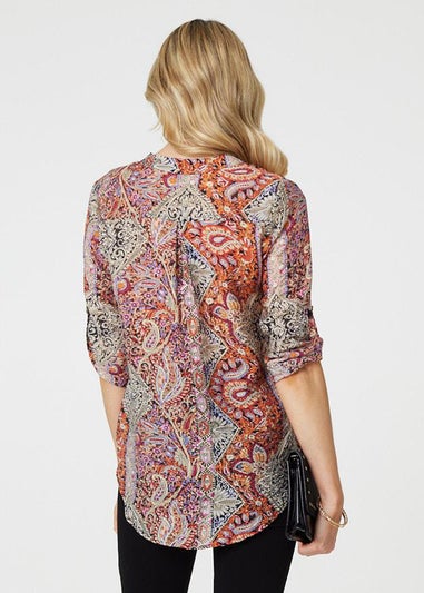 Izabel London Pink Paisley 3/4 Sleeve V-Neck Blouse