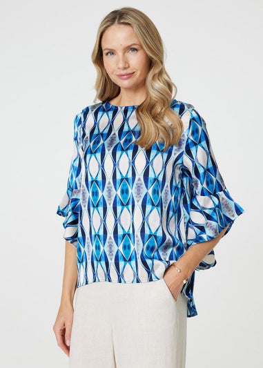 Izabel London Blue Geo Print 3/4 Flute Sleeve Curve Hem Blouse