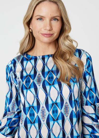 Izabel London Blue Geo Print 3/4 Flute Sleeve Curve Hem Blouse