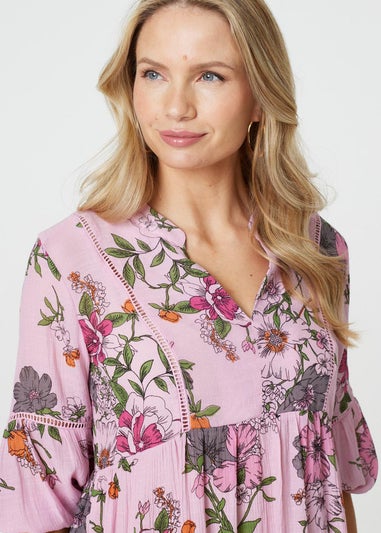 Izabel London Pink Floral 3/4 Sleeve Curve Hem Blouse