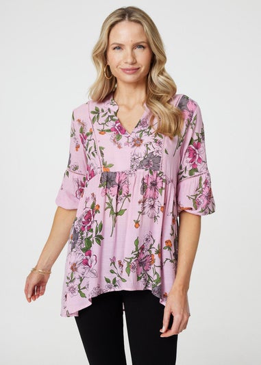 Izabel London Pink Floral 3/4 Sleeve Curve Hem Blouse