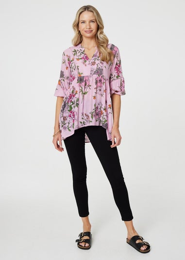 Izabel London Pink Floral 3/4 Sleeve Curve Hem Blouse