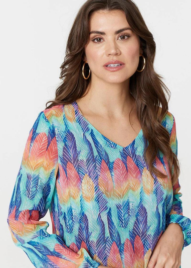 Izabel London Blue Leaf Print Long Sleeve Layered Hem Top