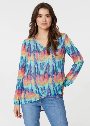 Izabel London Blue Leaf Print Long Sleeve Layered Hem Top