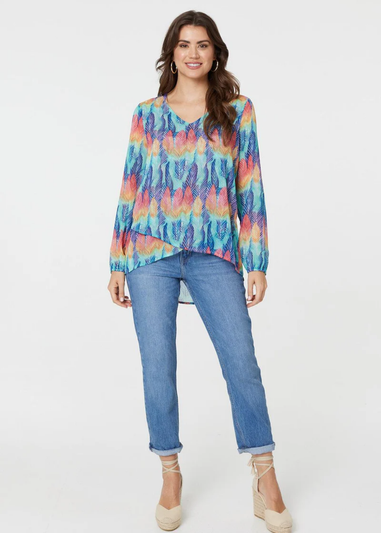 Izabel London Blue Leaf Print Long Sleeve Layered Hem Top