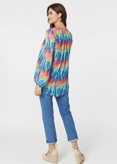 Izabel London Blue Leaf Print Long Sleeve Layered Hem Top