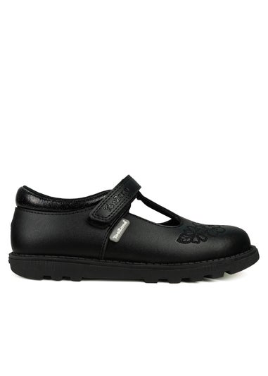 ToeZone Girls Black Kat Coated Leather Rip Tape Flower School Shoe (Younger 6 - 13)