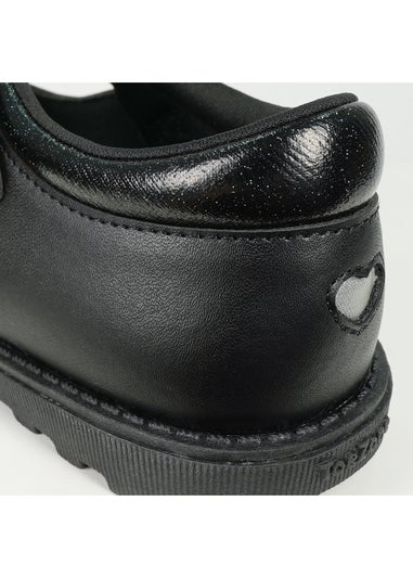 ToeZone Girls Black Kat Coated Leather Rip Tape Flower School Shoe (Younger 6 - 13)