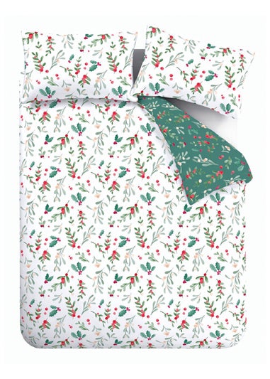 Catherine Lansfield Cotton Christmas Holly and Mistletoe Duvet Cover Set