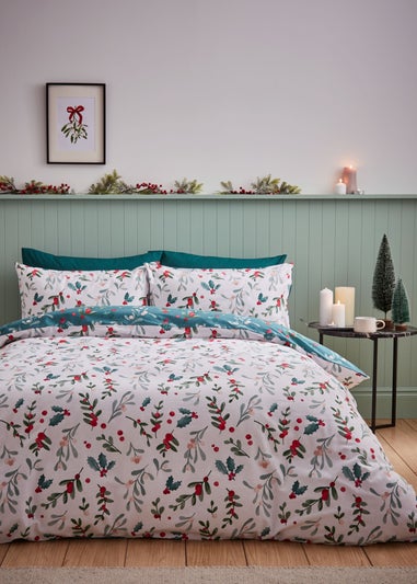 Catherine Lansfield Cotton Christmas Holly and Mistletoe Duvet Cover Set