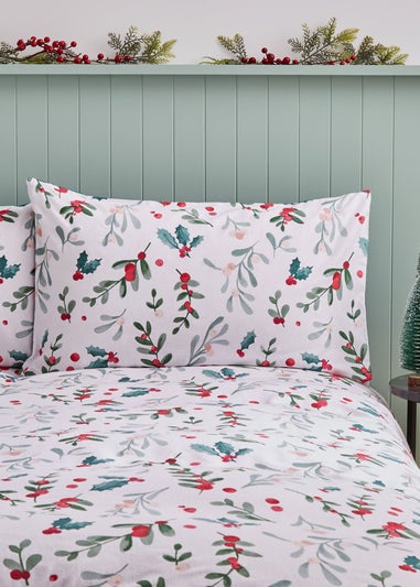 Catherine Lansfield Cotton Christmas Holly and Mistletoe Duvet Cover Set