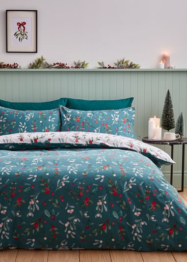 Catherine Lansfield Cotton Christmas Holly and Mistletoe Duvet Cover Set