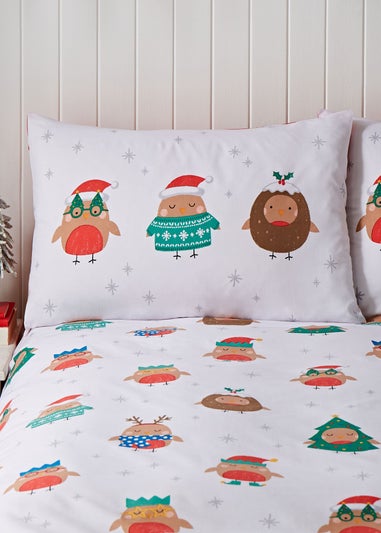 Catherine Lansfield Christmas Party Robins Reversible Duvet Cover Set