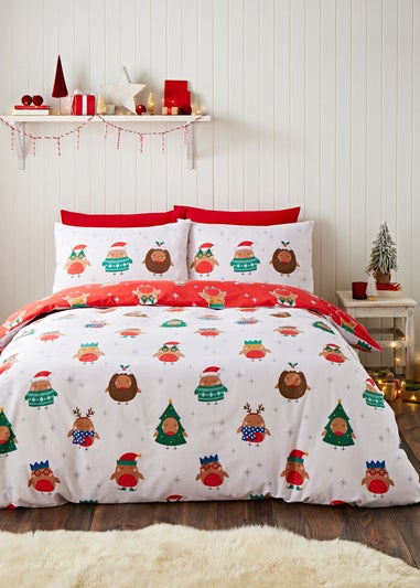 Catherine Lansfield Christmas Party Robins Reversible Duvet Cover Set