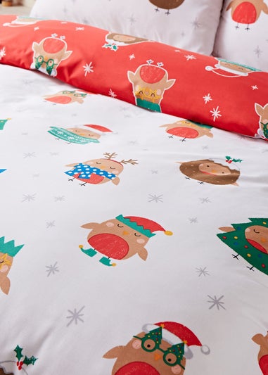 Catherine Lansfield Christmas Party Robins Reversible Duvet Cover Set