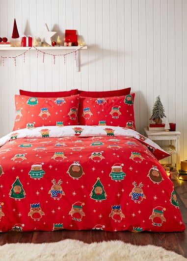 Catherine Lansfield Christmas Party Robins Reversible Duvet Cover Set