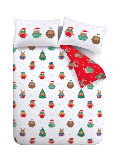 Catherine Lansfield Christmas Party Robins Reversible Duvet Cover Set