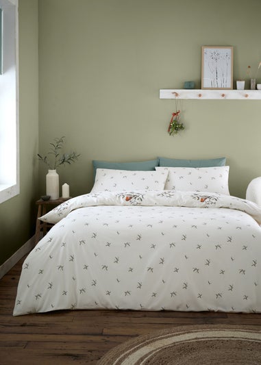 Catherine Lansfield Brushed Mistletoe Robins Cotton Reversible Duvet Cover Set