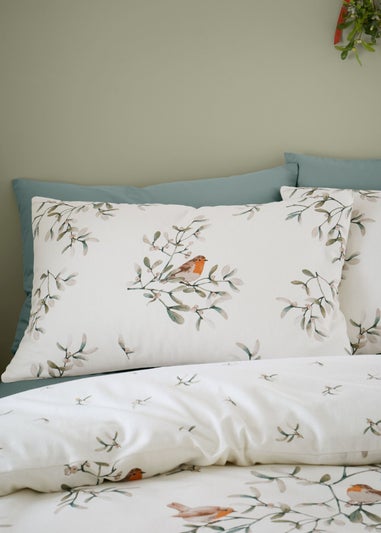 Catherine Lansfield Brushed Mistletoe Robins Cotton Reversible Duvet Cover Set