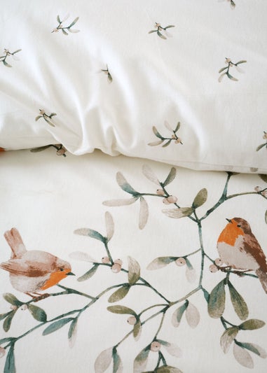 Catherine Lansfield Brushed Mistletoe Robins Cotton Reversible Duvet Cover Set