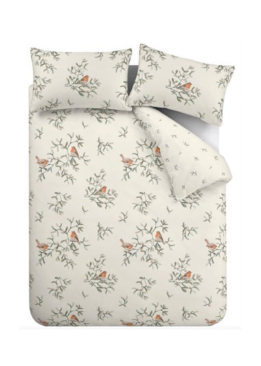 Catherine Lansfield Brushed Mistletoe Robins Cotton Reversible Duvet Cover Set