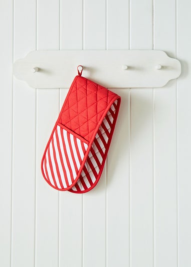 Catherine Lansfield Christmas Candy Cane Cotton Kitchen Double Oven Glove