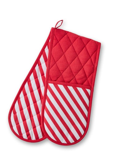 Catherine Lansfield Christmas Candy Cane Cotton Kitchen Double Oven Glove