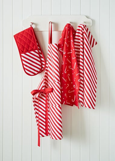 Catherine Lansfield Christmas Candy Cane Cotton Kitchen Double Oven Glove