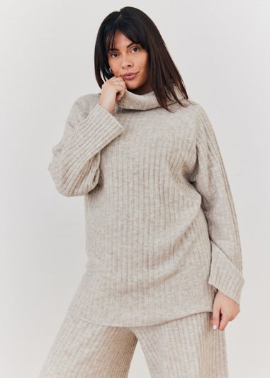 In The Style Oatmeal Wide Rib Roll Neck Knit Jumper