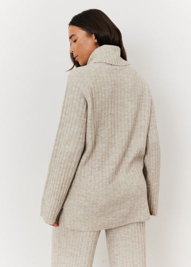 In The Style Oatmeal Wide Rib Roll Neck Knit Jumper