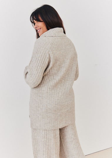 In The Style Oatmeal Wide Rib Roll Neck Knit Jumper