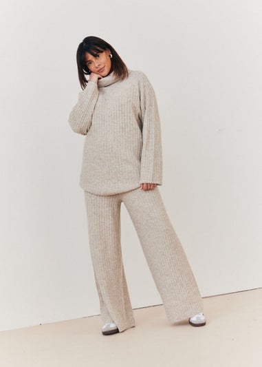 In The Style Oatmeal Wide Rib Roll Neck Knit Jumper