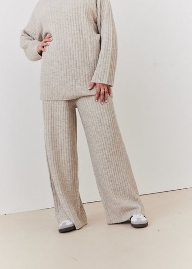 In The Style Oatmeal Wide Rib Wide Leg Knit Trousers