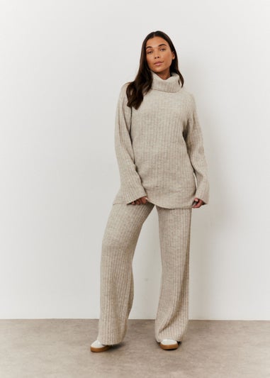 In The Style Oatmeal Wide Rib Wide Leg Knit Trousers