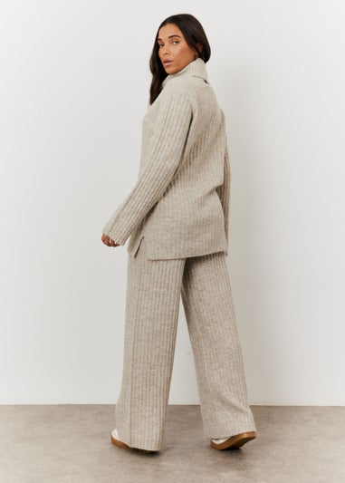 In The Style Oatmeal Wide Rib Wide Leg Knit Trousers