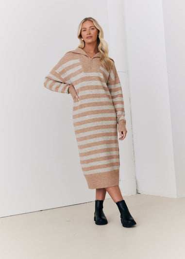 In The Style Stacey Solomon Camel Stripe Half Zip Midaxi Knitted Dress