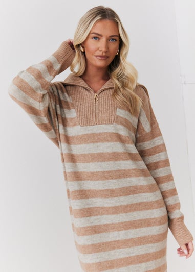 In The Style Stacey Solomon Camel Stripe Half Zip Midaxi Knitted Dress