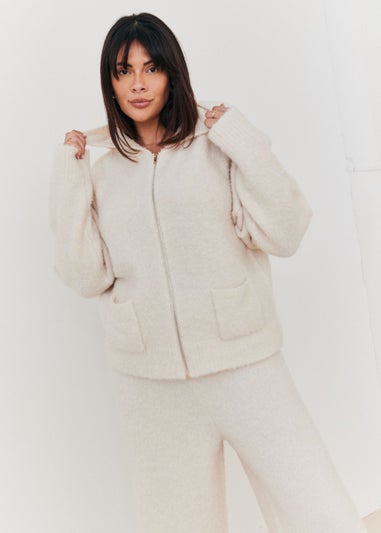 In The Style Cream Fluffy Knit Zip Up Hoodie