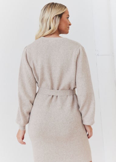 In The Style Stacey Solomon Oatmeal Pearl Button Detail Knit Belted Mini Dress