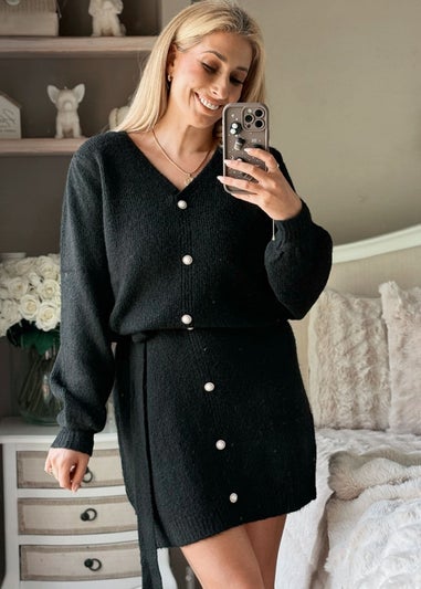 In The Style Black Pearl Button Detail Knit Belted Mini Dress