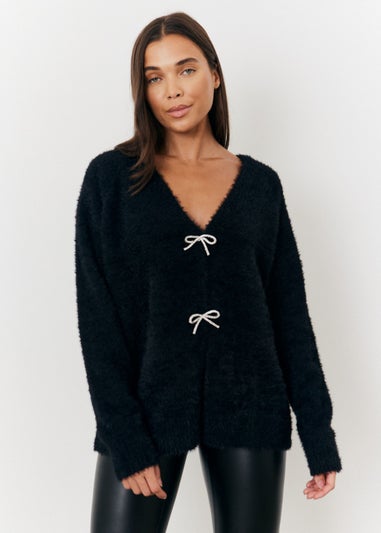 In The Style Stacey Solomon Black Fluffy Knit Embellished Bow Detail Cardigan