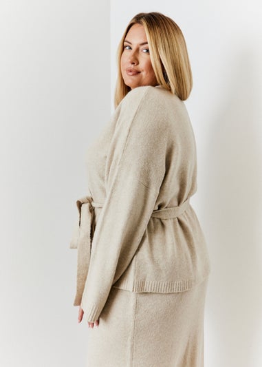 In The Style Hannah Brown Oatmeal Wrap Knit Co Ord Cardigan