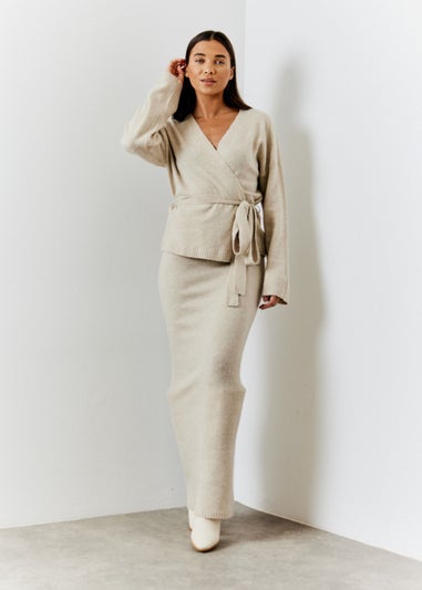 In The Style Hannah Brown Oatmeal Wrap Knit Co Ord Cardigan