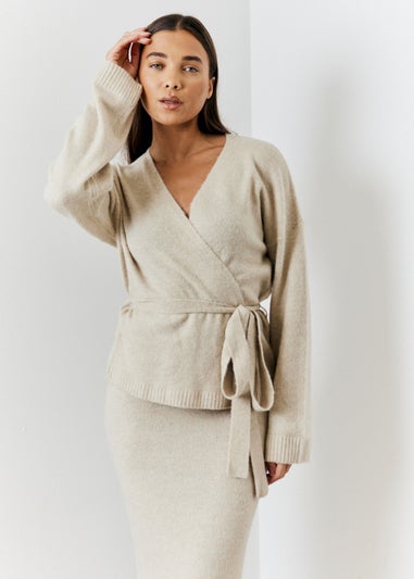 In The Style Hannah Brown Oatmeal Wrap Knit Co Ord Cardigan