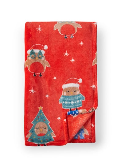 Catherine Lansfield Christmas Party Robins Cosy Fleece Blanket Throw (130x170cm)