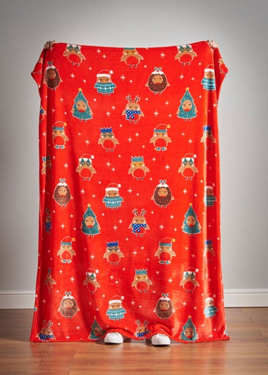 Catherine Lansfield Christmas Party Robins Cosy Fleece Blanket Throw (130x170cm)
