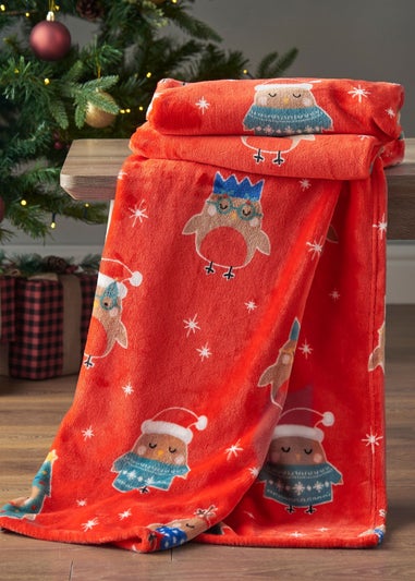 Catherine Lansfield Christmas Party Robins Cosy Fleece Blanket Throw (130x170cm)