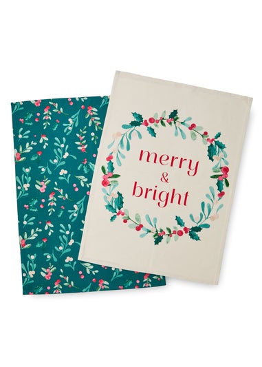 Catherine Lansfield Christmas Holly Kitchen Tea Towel Pack of 4 (50x75 cm)