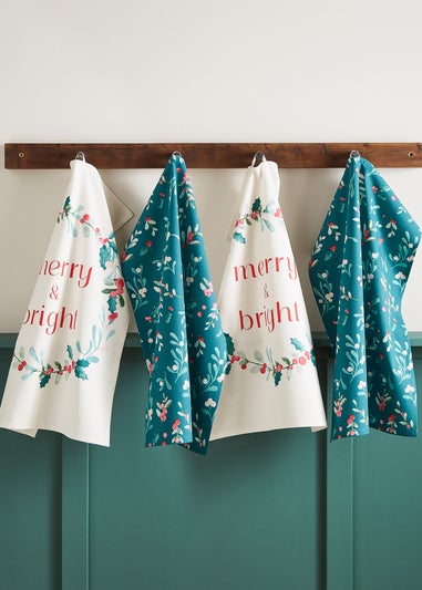 Catherine Lansfield Christmas Holly Kitchen Tea Towel Pack of 4 (50x75 cm)