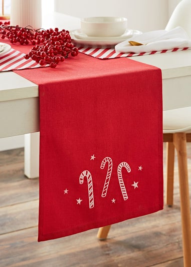 Catherine Lansfield Christmas Candy Cane Embroidered Cotton Dining Table Runner (32x220 cm)